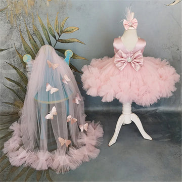 Flower Girl Dress Tulle Puffy Butterfly Applique For Child Birthday Party