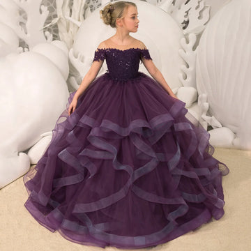 Girl Dress Grape Purple Floral Appliques For Wedding Birthday Party