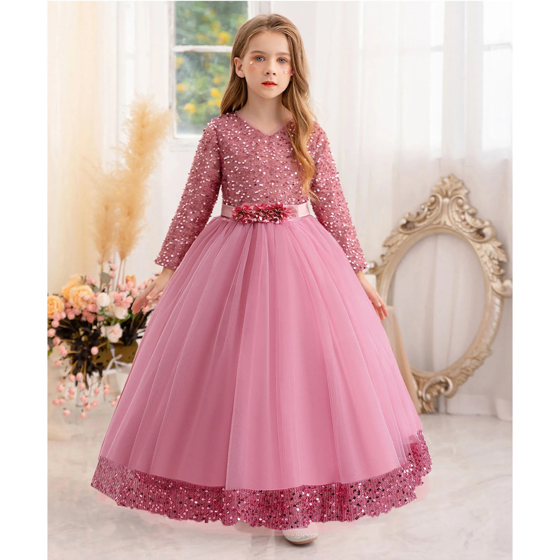 Girls Winter Long Sleeves Sequined Flower Long Dress
