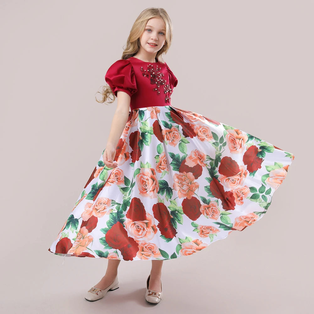 GIRLS RED CHRISTMAS DRESS PRINTED COSTUME FLOWER