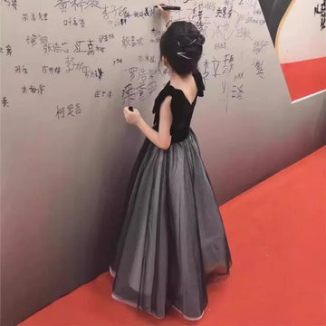 Girls Black Velvet High-end Mesh Princess Dress