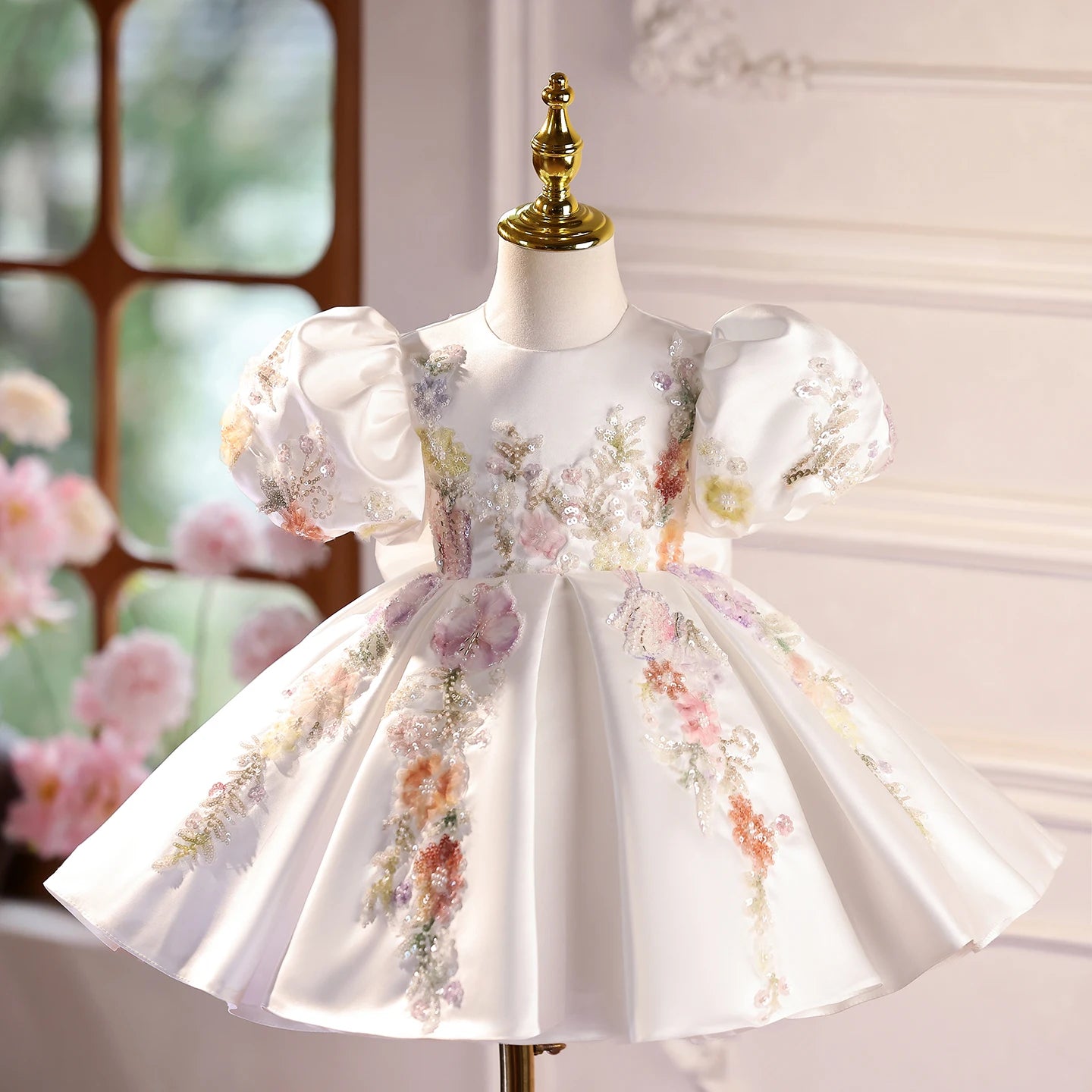 WHITE FLOWER GIRL DRESS WITH PUFFY SLEEVES AND 3D FLORAL EMBROIDERY