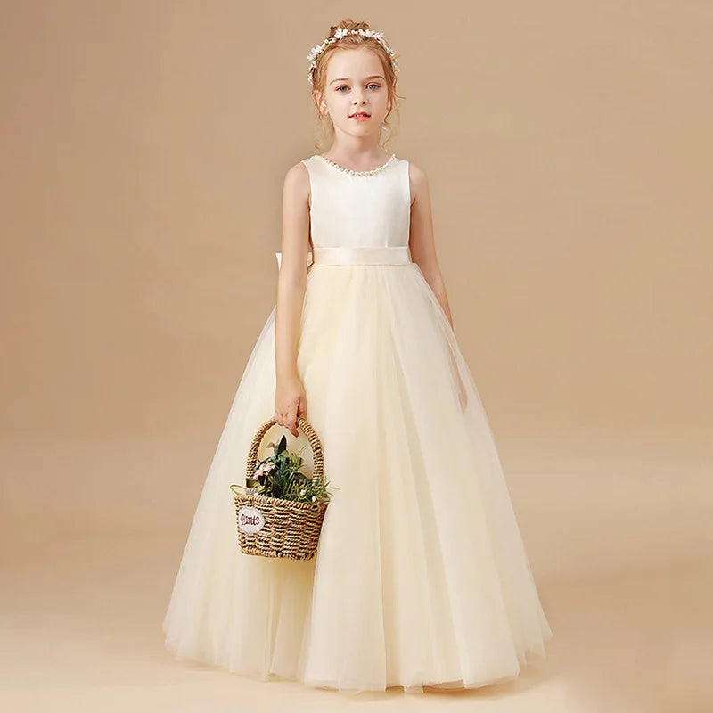 5-14 Years Little Big Girls Pearls Backless Wedding Flower Girl Birthday Party Graduation Ceremony Pageant Piana Show Dress