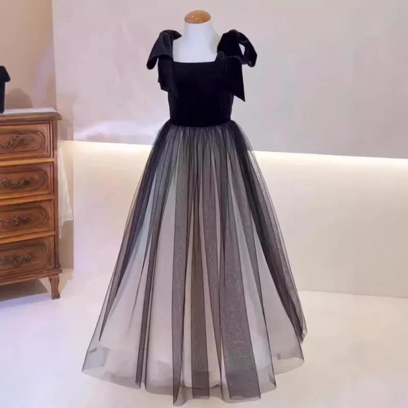 Girls Black Velvet High-end Mesh Princess Dress