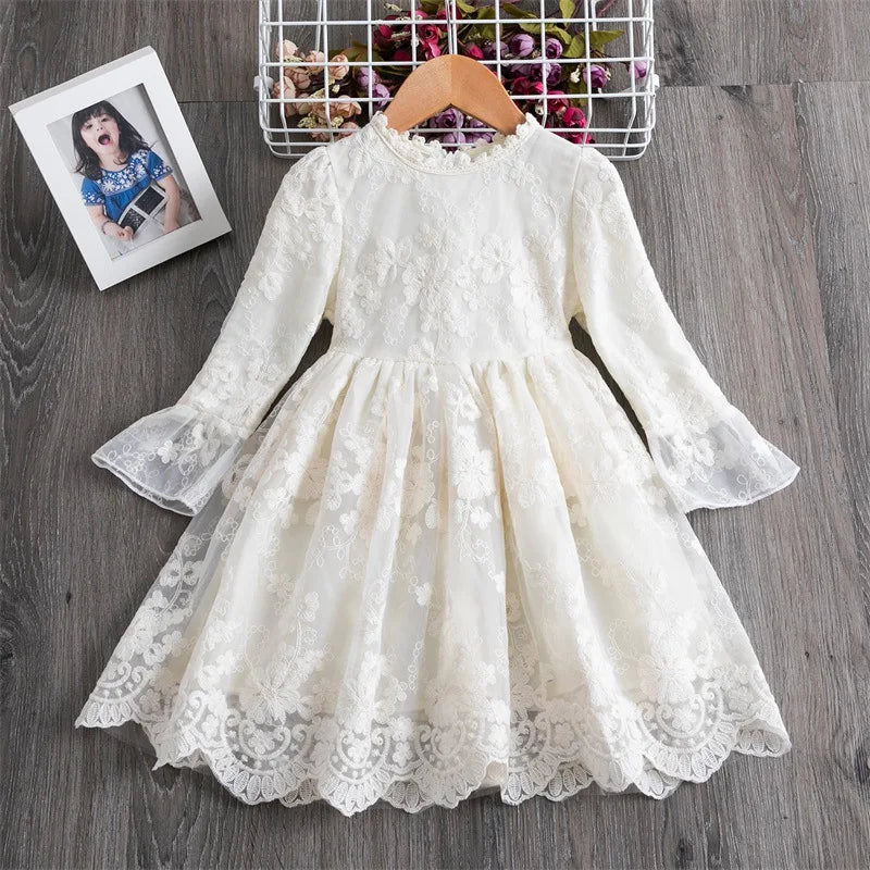 GIRLS AUTUMN LACE BAPTISM GOWN LONG SLEEVE DRESS