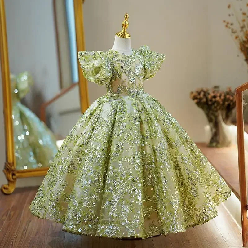 Elegant Princess Ball Gowns Girls Communion Green Sequin Mesh Pageant Dress