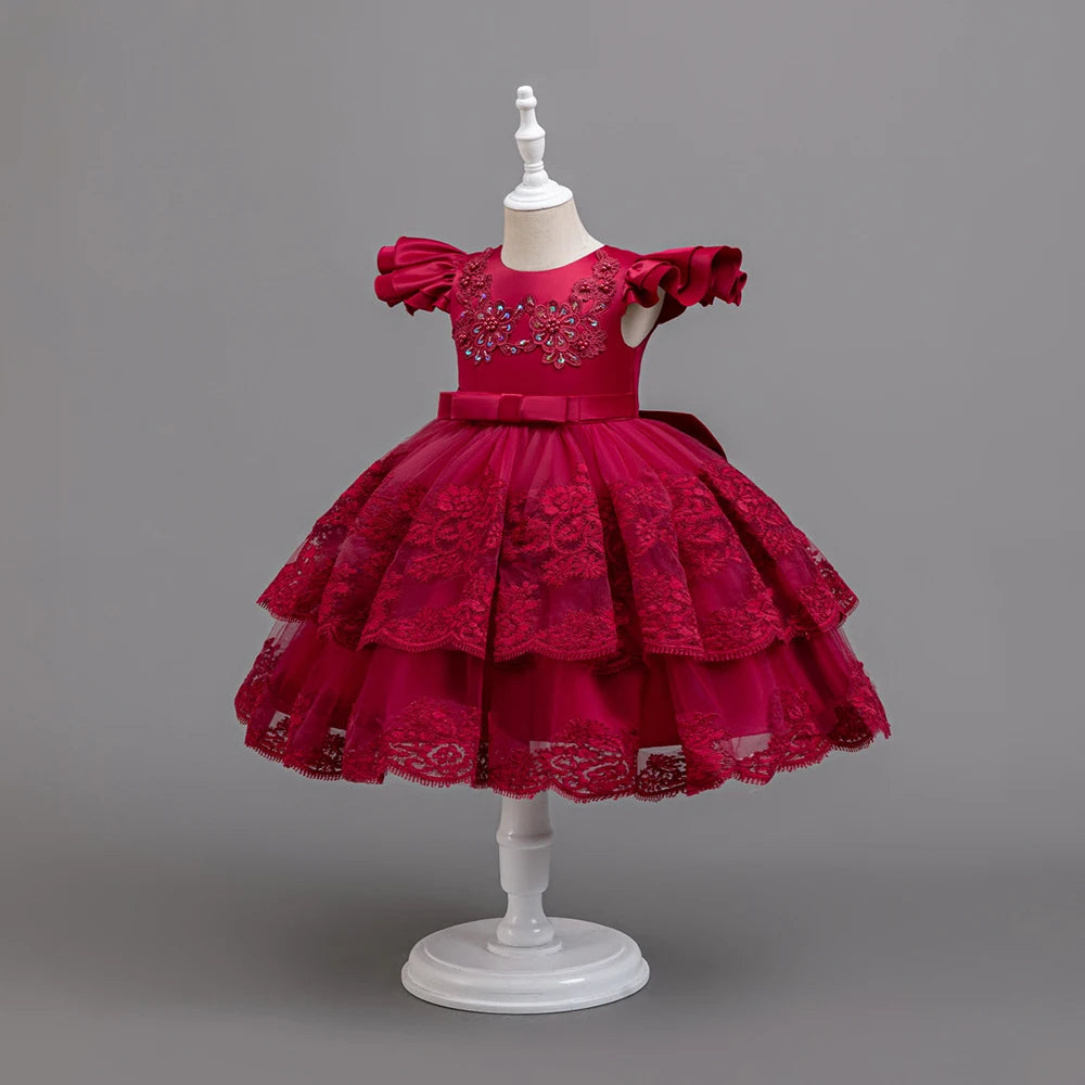 GIRLS CHRISTMAS PARTY DRESS  RED LACE ELEGANT