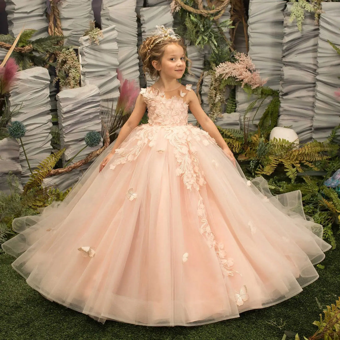 Pink Flower Girl Dress Princess Lace Floral Appqulies Tulle Fluffy Skirt FOR Comuunion Party