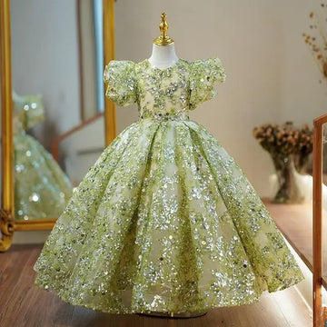 Elegant Princess Ball Gowns Girls Communion Green Sequin Mesh Pageant Dress