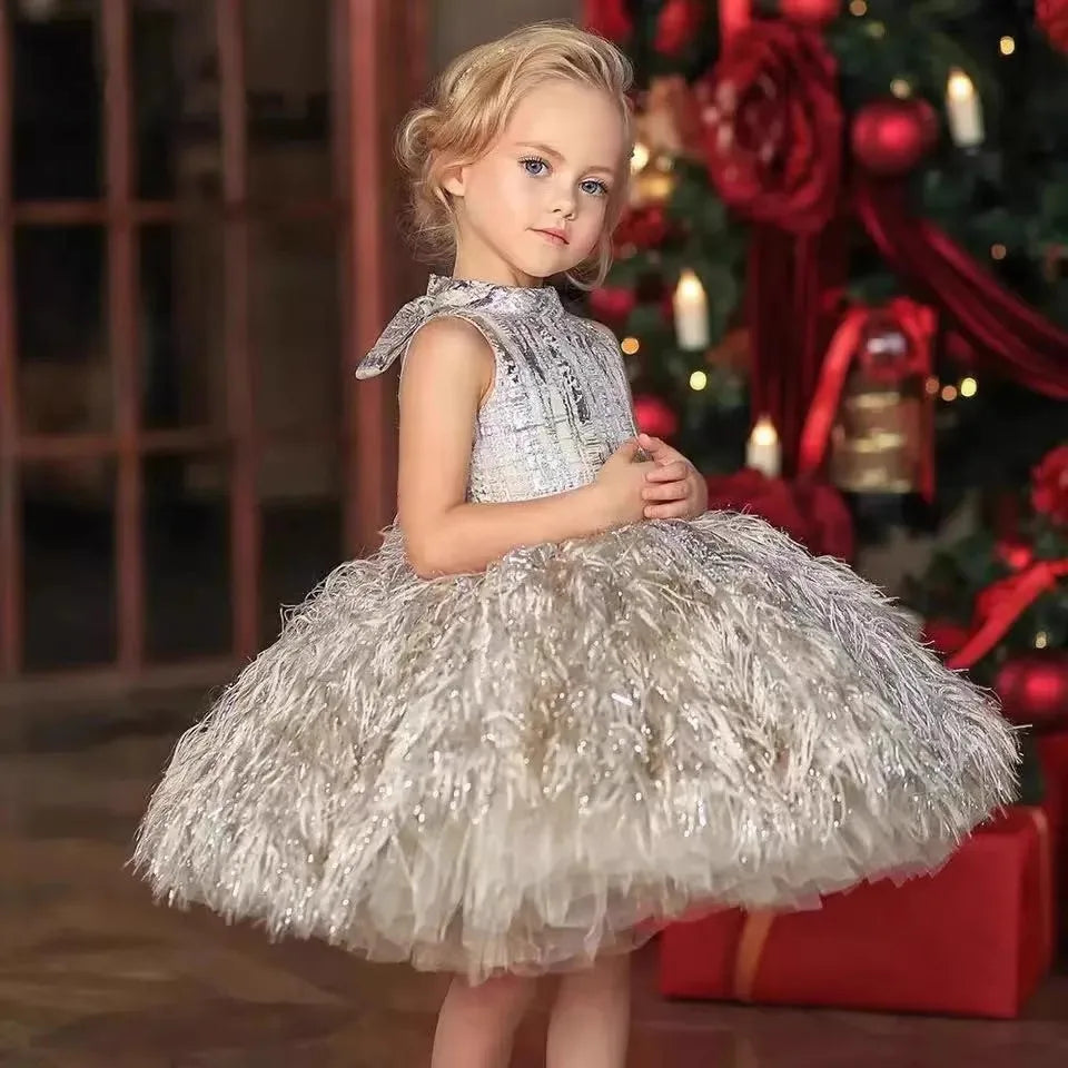 Luxury Elegant Girls Princess Gown Sequined Feather Design Dress
