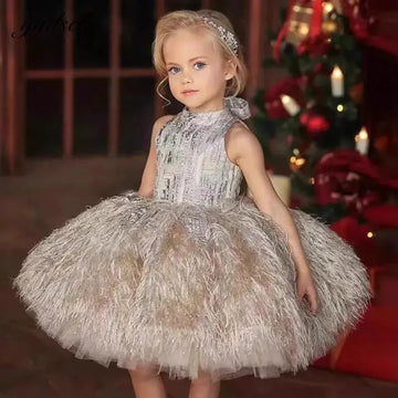 Luxury Elegant Girls Princess Gown Sequined Feather Design Dress