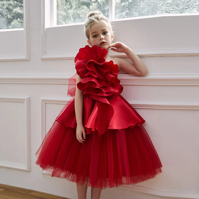 CHRISTMAS DRESS FOR GIRLS RED FLOWER BOW PRINCESS DRESS