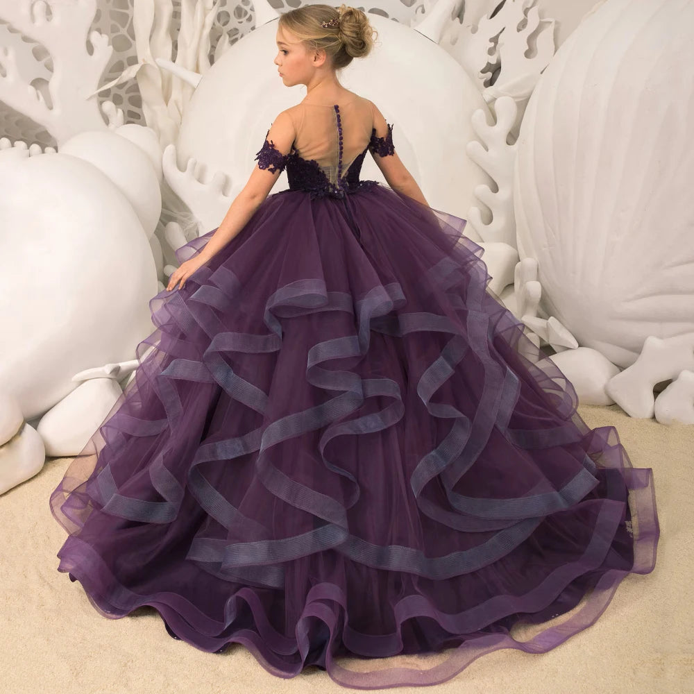 Girl Dress Grape Purple Floral Appliques For Wedding Birthday Party