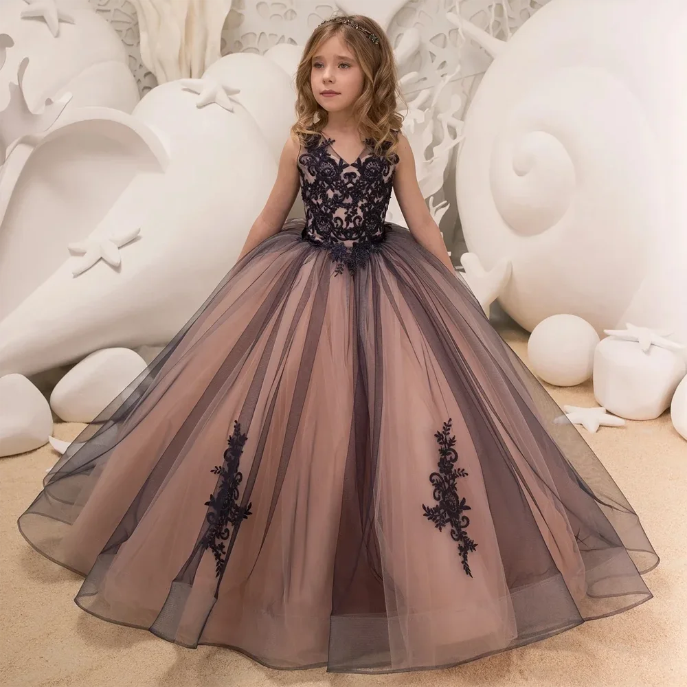 Princess Satin Beaded Floor Length Flower Girl Dress Black Appliques