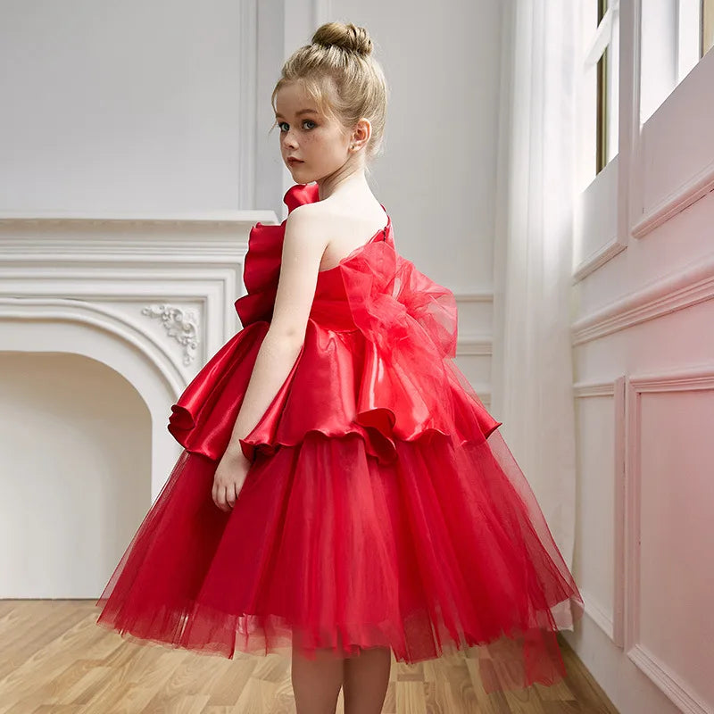 CHRISTMAS DRESS FOR GIRLS RED FLOWER BOW PRINCESS DRESS